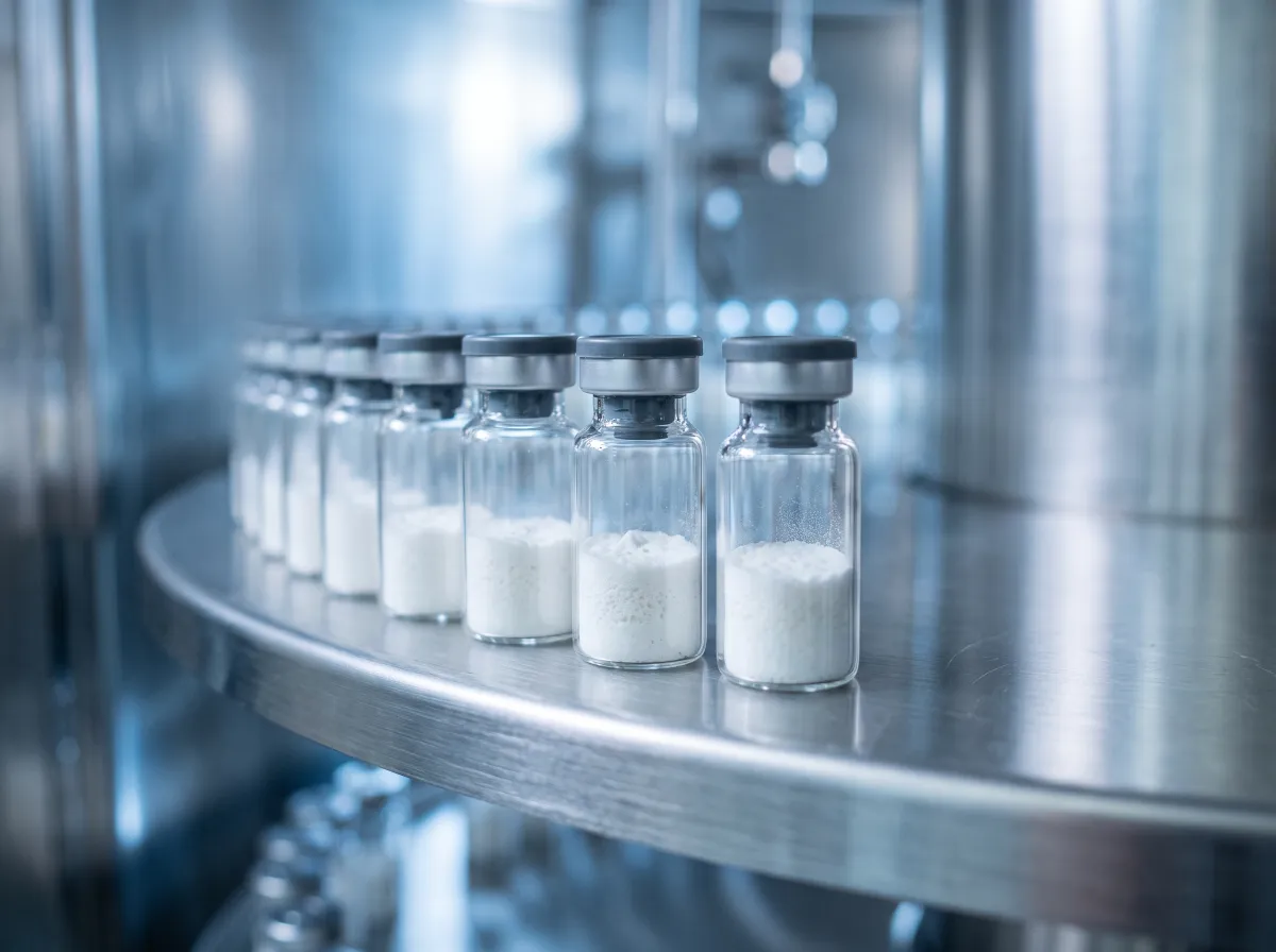 Glass vials on stainless steel shelving